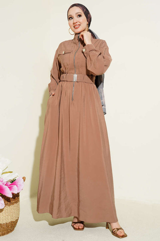 Dress with Belt, Zipper, and Tencel Fabric, Mink Color