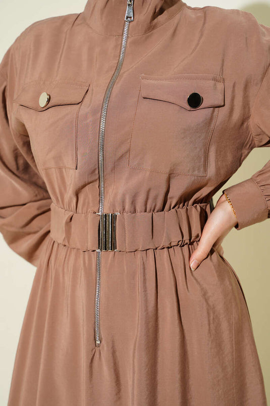 Dress with Belt, Zipper, and Tencel Fabric, Mink Color