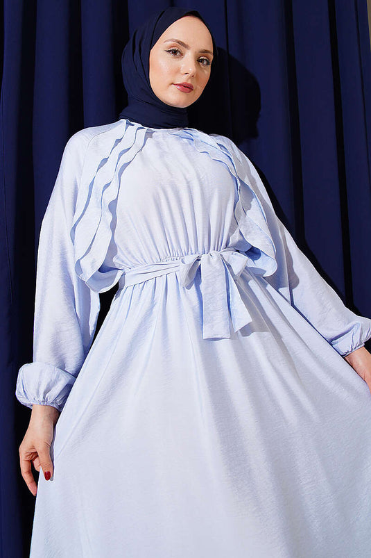 Belted Dress with Elastic Hem and Ruffle Detail Blue