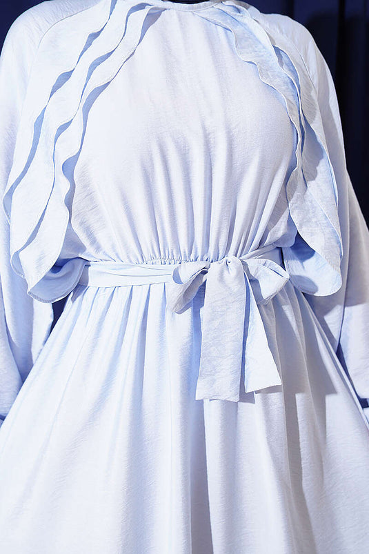 Belted Dress with Elastic Hem and Ruffle Detail Blue