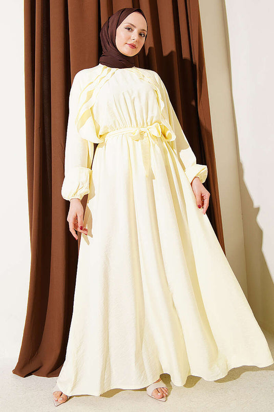 Robe ceinturée à volants avec élastique à la taille, jaune
