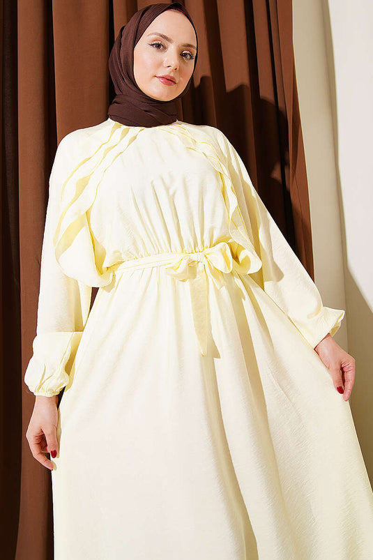 Robe ceinturée à volants avec élastique à la taille, jaune