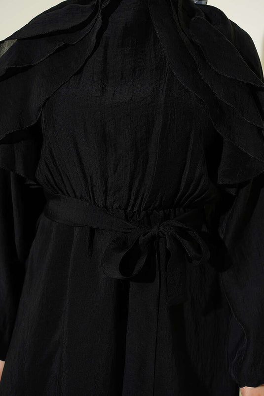 Robe ceinturée à volants avec élastique à la taille, noire