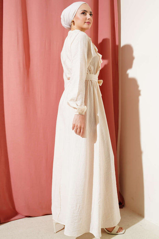 Bel Lastikli Fırfırlı Düğmeli Elbise Bej