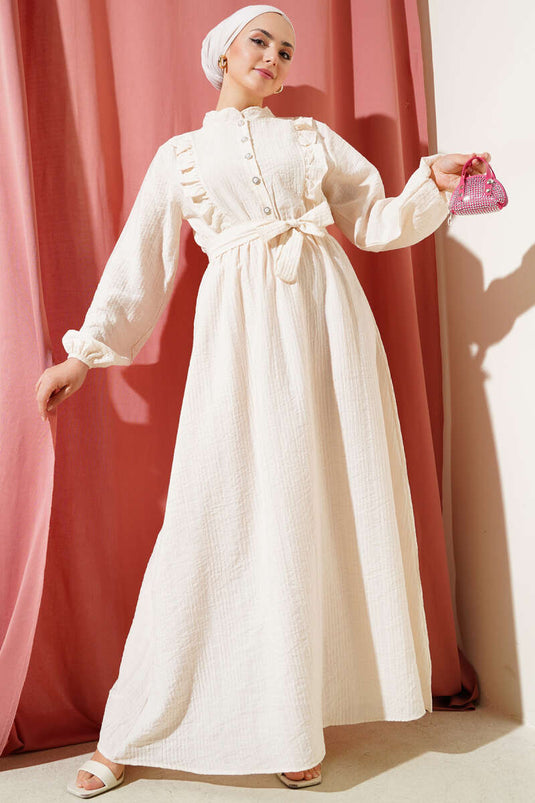 Bel Lastikli Fırfırlı Düğmeli Elbise Bej