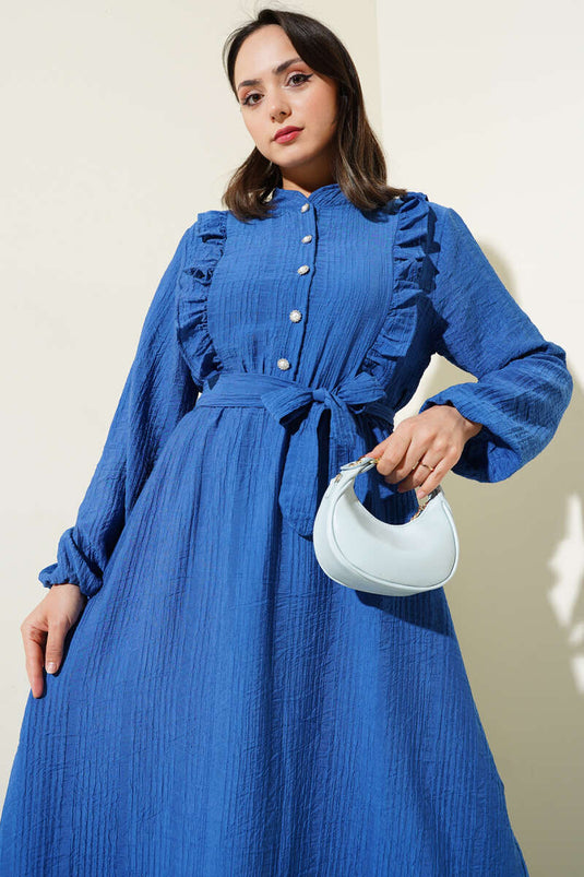 فستان نيلي بأزرار وكشكشة وخصر مطاطي