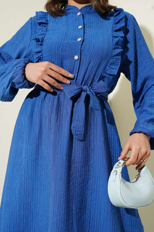 فستان نيلي بأزرار وكشكشة وخصر مطاطي