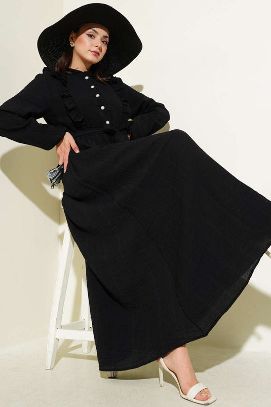 Bel Lastikli Fırfırlı Düğmeli Elbise Siyah