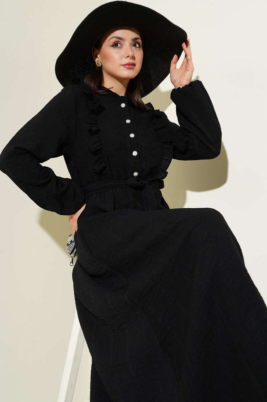 Bel Lastikli Fırfırlı Düğmeli Elbise Siyah