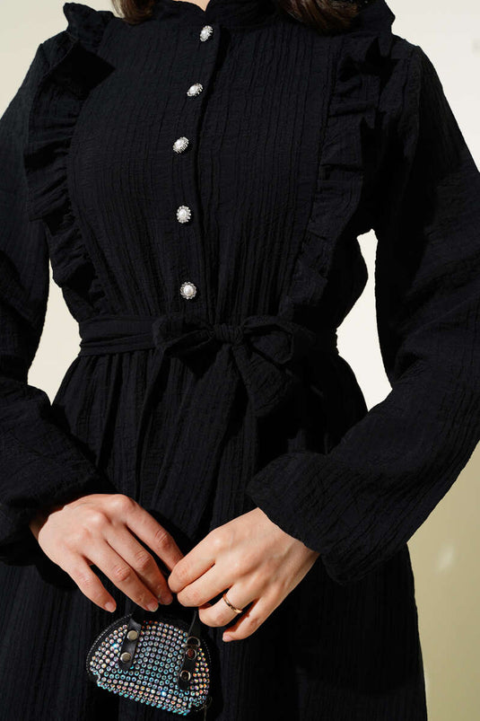 Bel Lastikli Fırfırlı Düğmeli Elbise Siyah