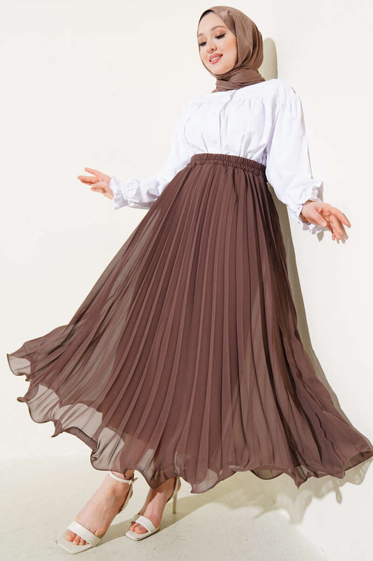 Jupe en mousseline marron à volants et taille élastique