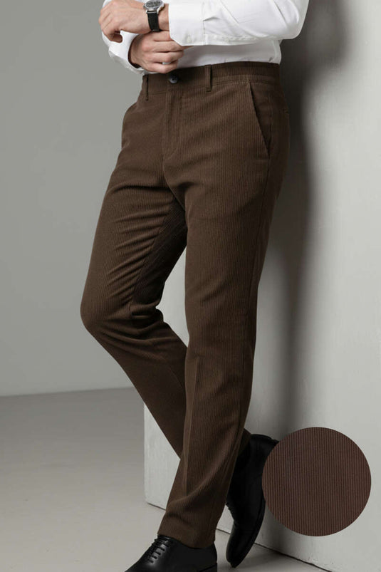 Pantalon homme côtelé à taille élastique, couleur café