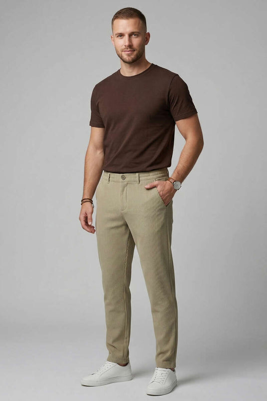 Stone Ribbed Men's Pants with Elastic Waistband