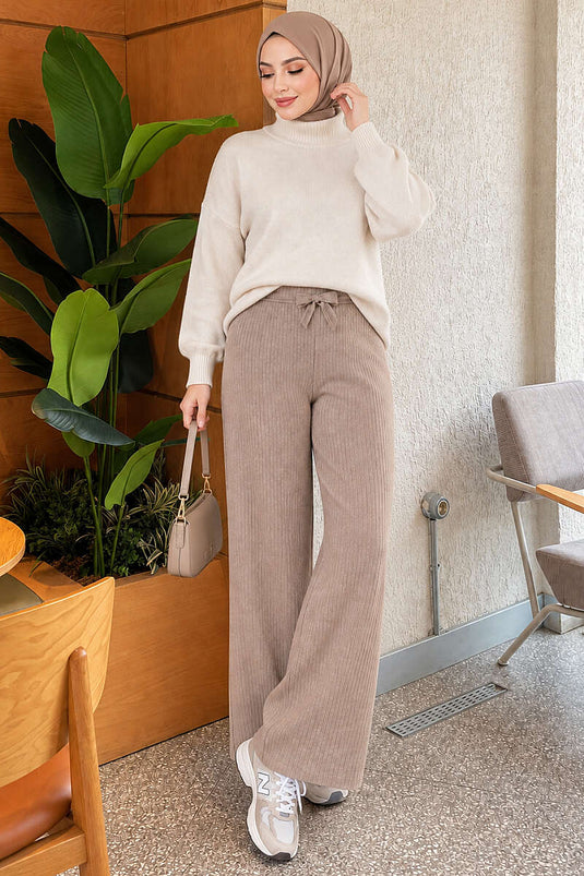 Pantalon En Maille Rayée Latte À Taille Élastique