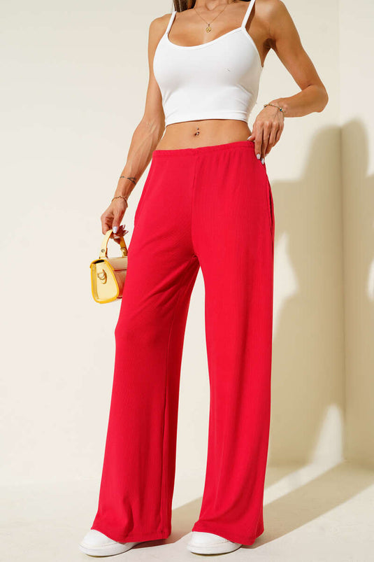 Red Ribbed Palazzo Pants with Elastic Waistband