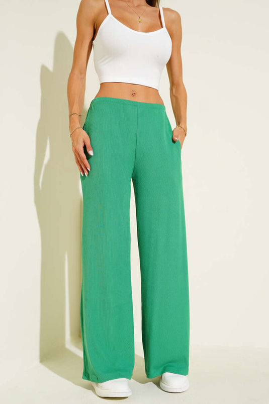 Bel Lastikli Fitilli Palazzo Pantolon Yeşil