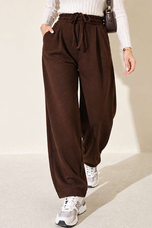 Pantalon Large Texturé Élastiqué Marron