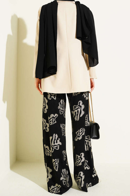 Black Wide-Leg Patterned Pants with Elastic Waistband