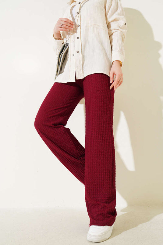 Elastic Waist Wide Leg Seersucker Trousers Claret Red