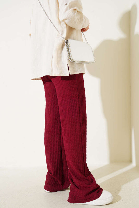 Elastic Waist Wide Leg Seersucker Trousers Claret Red