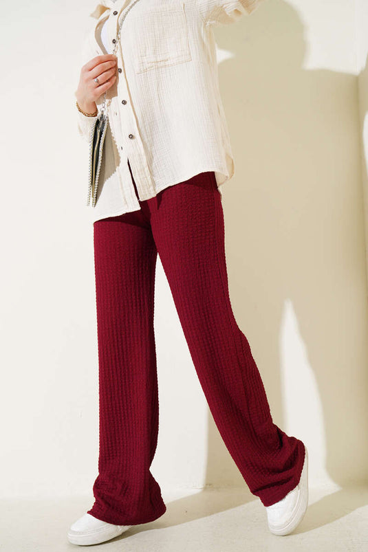 Elastic Waist Wide Leg Seersucker Trousers Claret Red