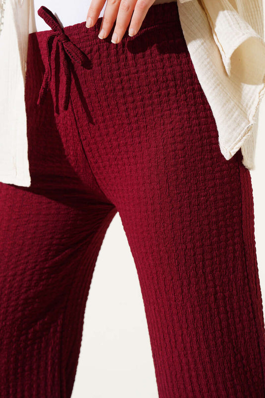 Elastic Waist Wide Leg Seersucker Trousers Claret Red