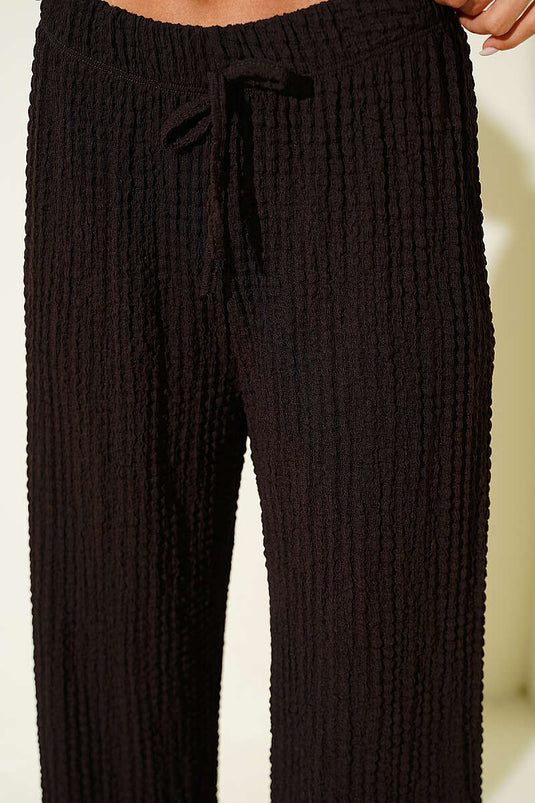 Bel Lastikli Geniş Paça Gofre Pantolon Kestane