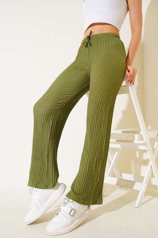 Bel Lastikli Geniş Paça Gofre Pantolon Yeşil