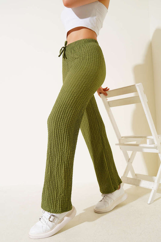 Bel Lastikli Geniş Paça Gofre Pantolon Yeşil