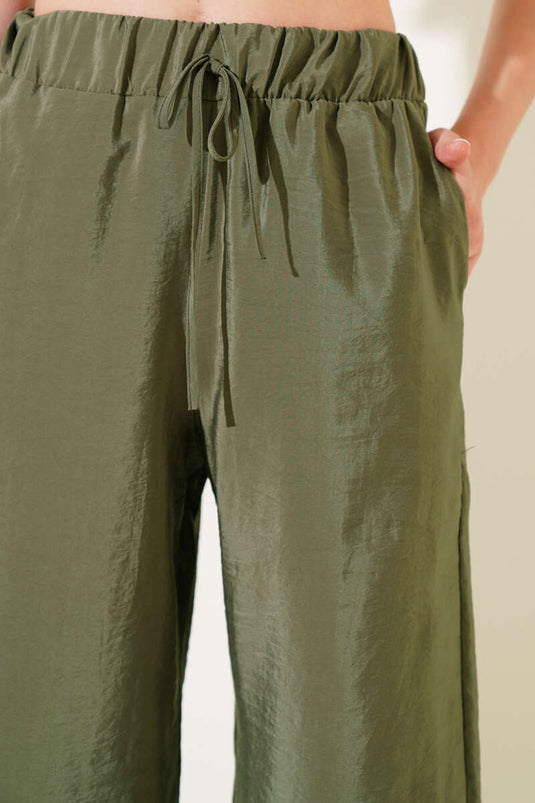 Elastic Waist Wide Leg Shiny Trousers Khaki