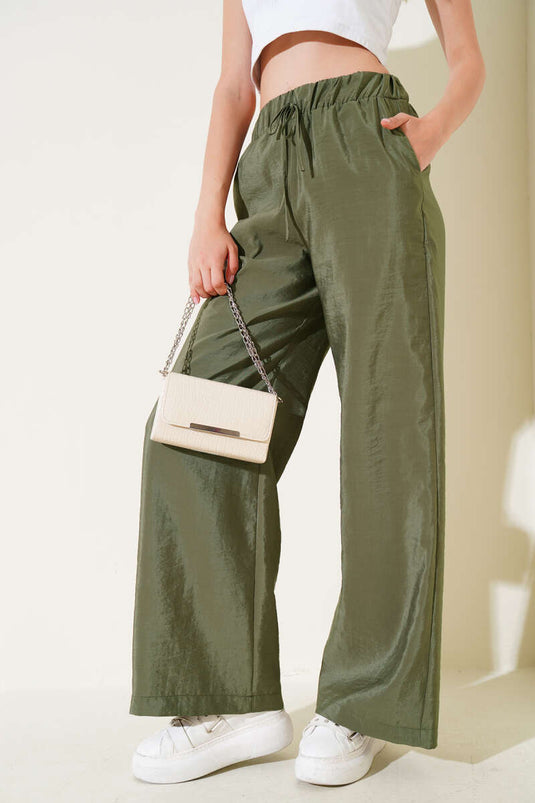 Elastic Waist Wide Leg Shiny Trousers Khaki