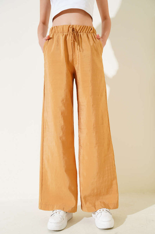 Bel Lastikli Geniş Paça Parlak Pantolon Hardal
