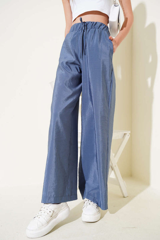 Bel Lastikli Geniş Paça Parlak Pantolon İndigo