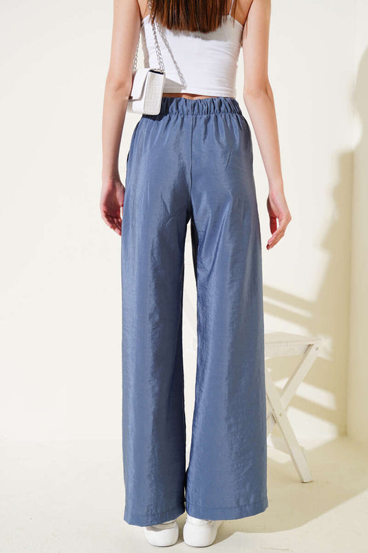 Bel Lastikli Geniş Paça Parlak Pantolon İndigo