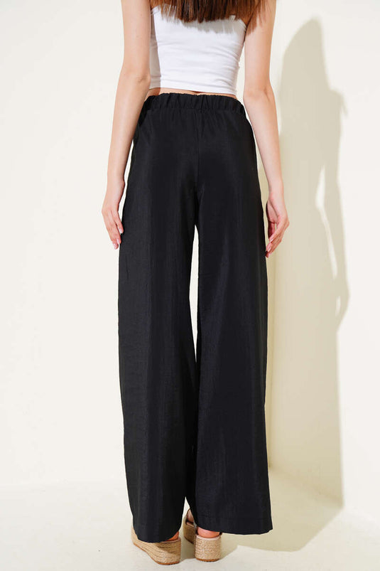 Bel Lastikli Geniş Paça Parlak Pantolon Siyah