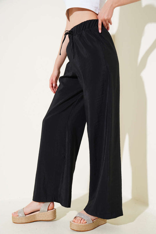 Bel Lastikli Geniş Paça Parlak Pantolon Siyah
