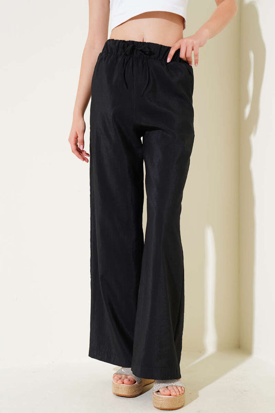 Elastic Waist Wide Leg Shiny Trousers Black