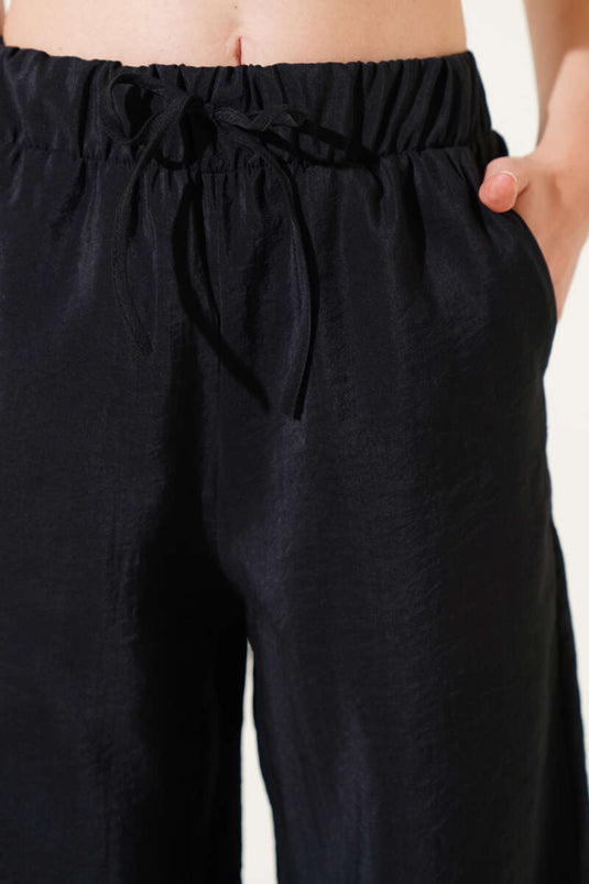 Elastic Waist Wide Leg Shiny Trousers Black