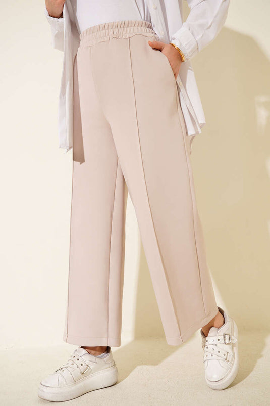 Bel Lastikli Geniş Paça Scuba Pantolon Bej