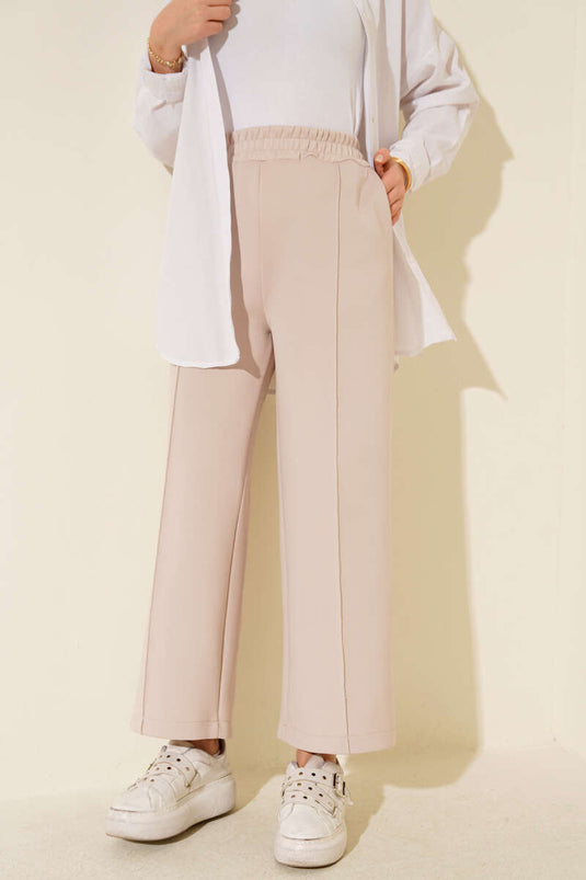Beige Wide Leg Scuba Pants With Elastic Waist