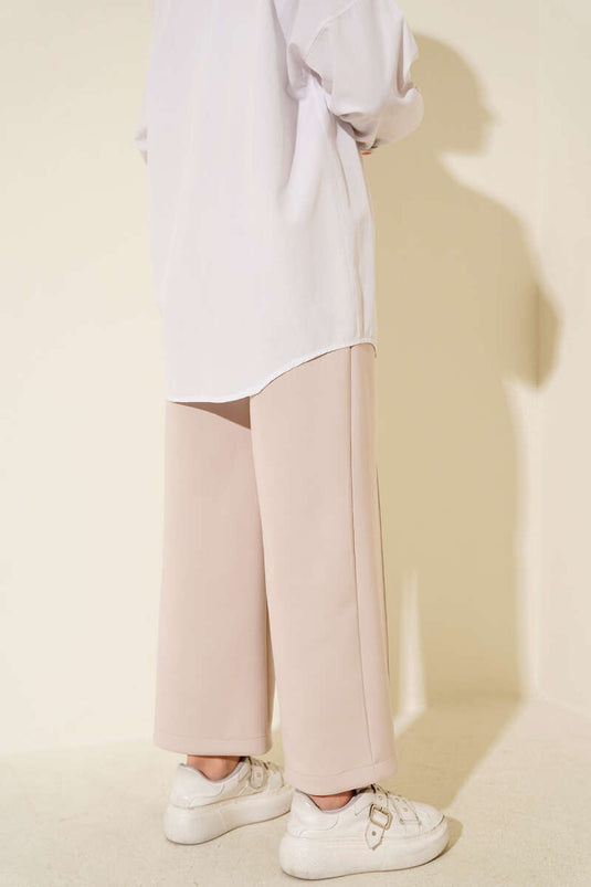 Beige Wide Leg Scuba Pants With Elastic Waist