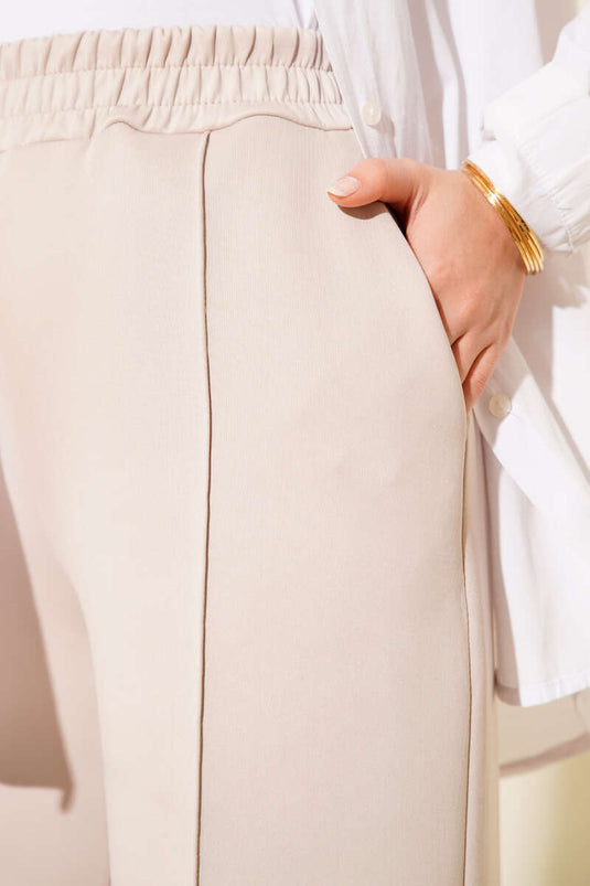 Beige Wide Leg Scuba Pants With Elastic Waist