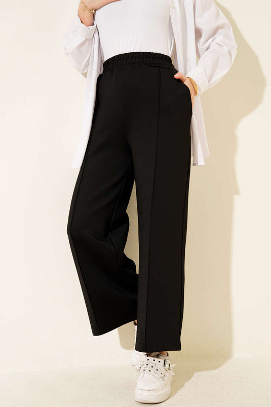 Bel Lastikli Geniş Paça Scuba Pantolon Siyah