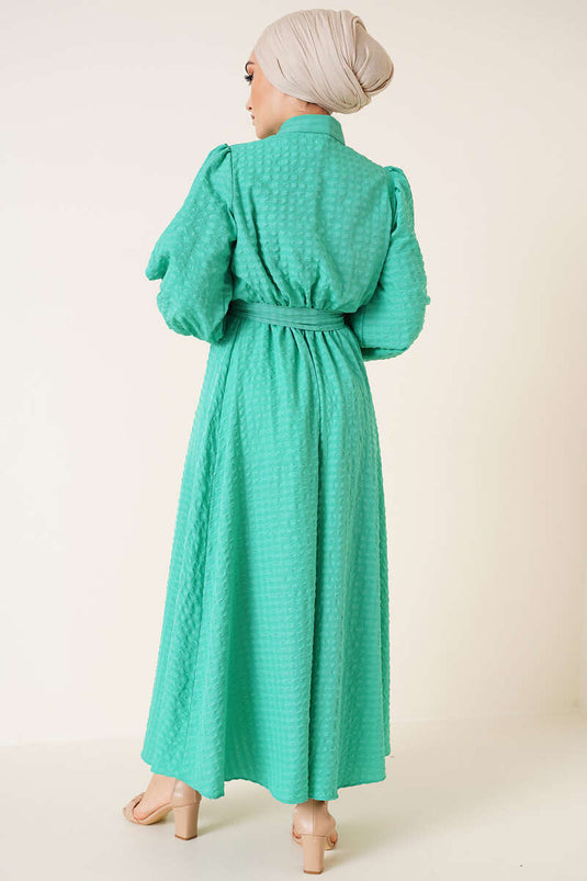 Robe Seersucker Taille Élastique Vert