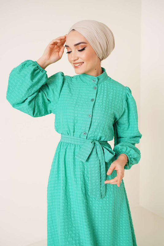 Bel Lastikli Gofre Elbise Yeşil