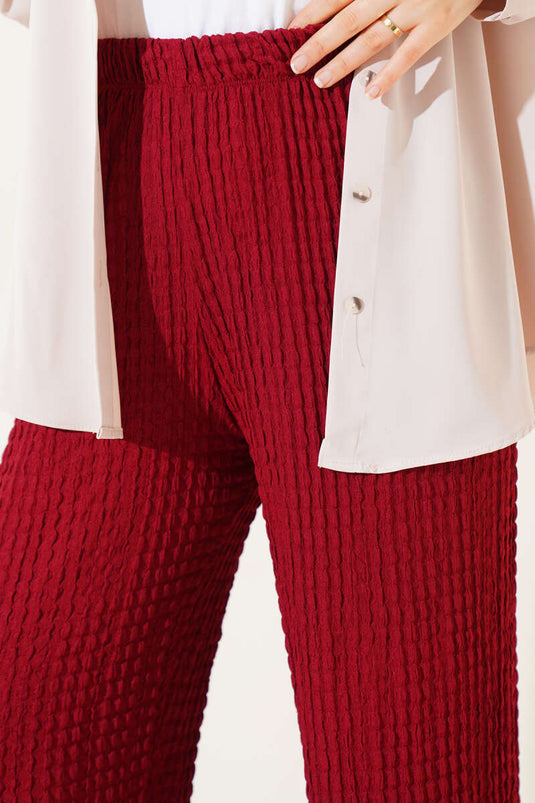 Elastic Waist Seersucker Trousers Claret Red
