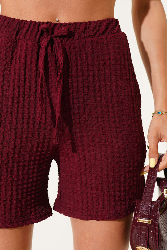 Elastic Waist Waffle Shorts Burgundy
