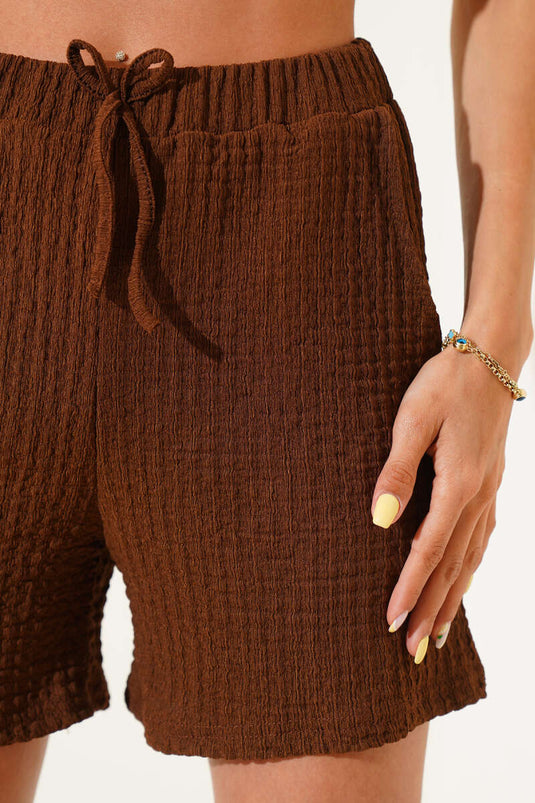Elastic Waist Waffle Shorts Coffee