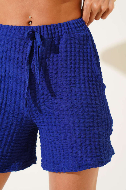 Elastic Waist Waffle Shorts Navy Blue