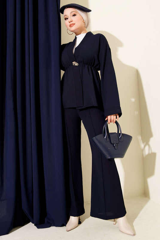 Bel Lastikli Gold Aksesuarlı İkili Takım Lacivert